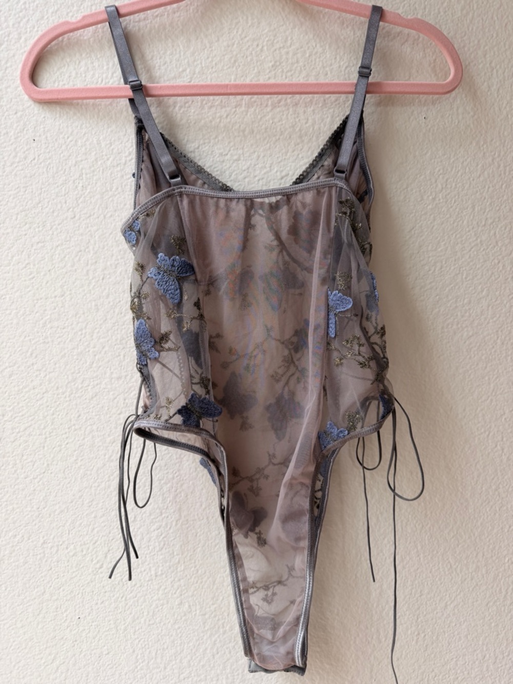 Sheer Butterfly Embroidered Bodysuit Lace Up Sides Gray Blue Mesh Lingerie Large - Picture 2 of 13